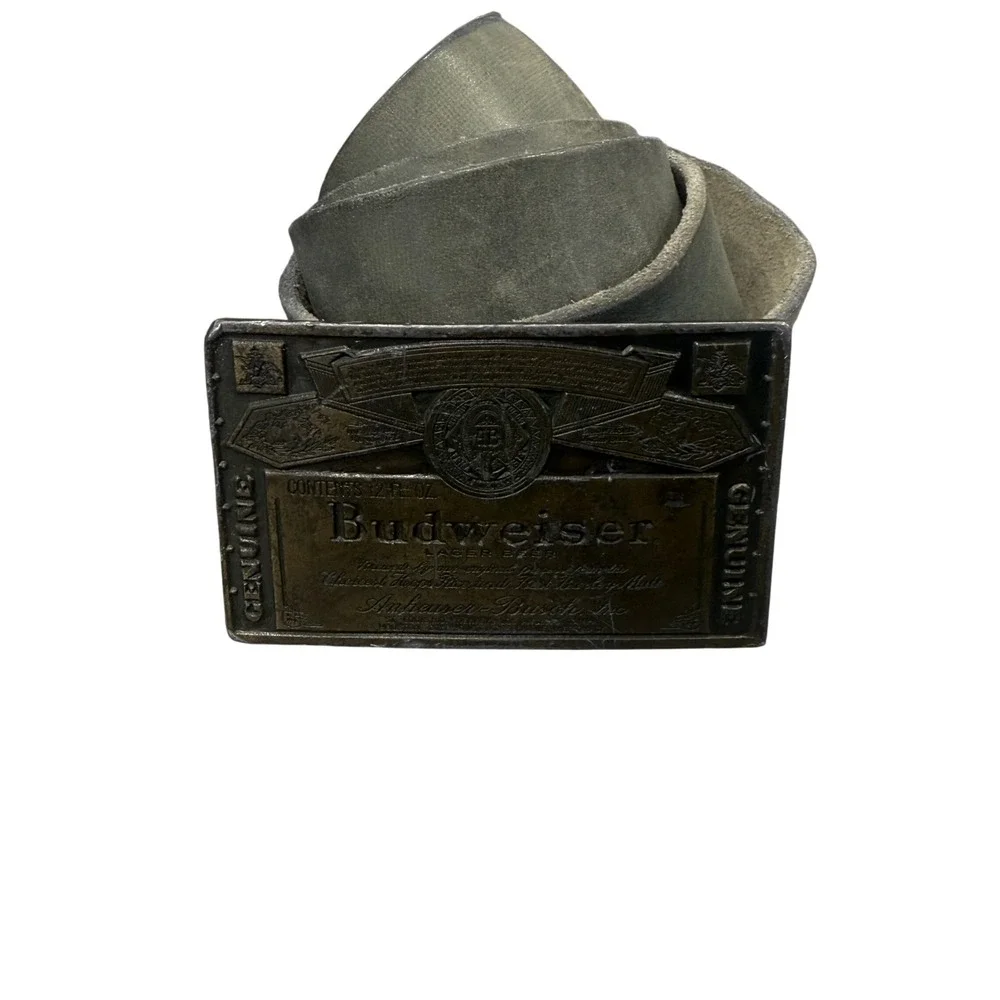 Budweiser Belt Buckle & Leather Belt Mens 40 Grey Good Vintage Anheuser-Busch